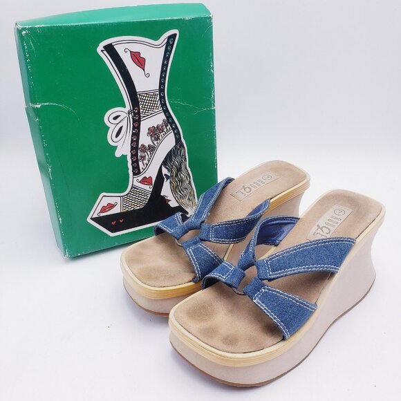 Vintage 90s Y2K Rouge Chunky Heel Wedge Sandals Slip On Denim Blue Size 7 - Picture 1 of 9